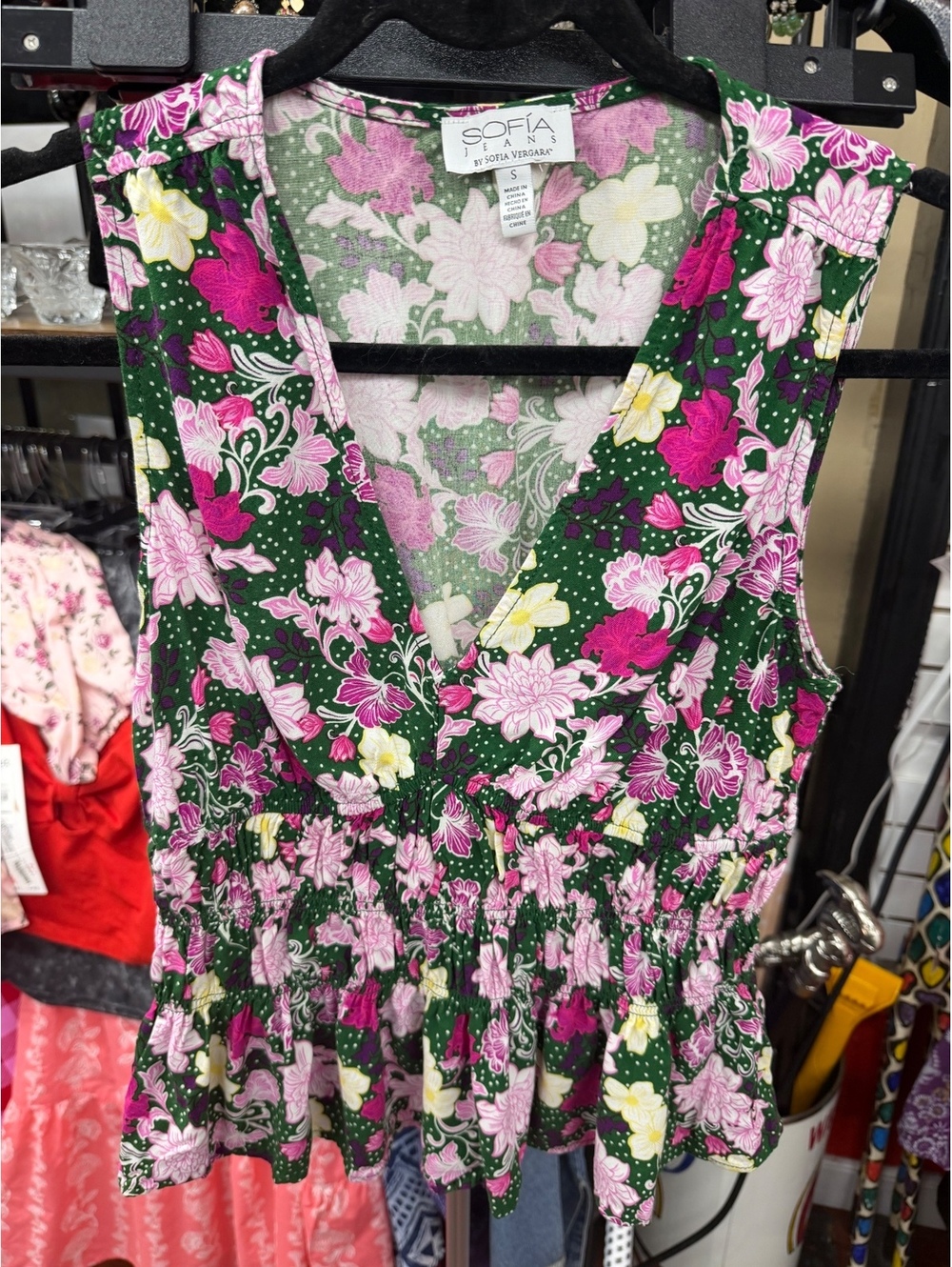 Sofia Jeans by Sofia Vergara Floral Peplum Top Green Pink Size Small NWOT